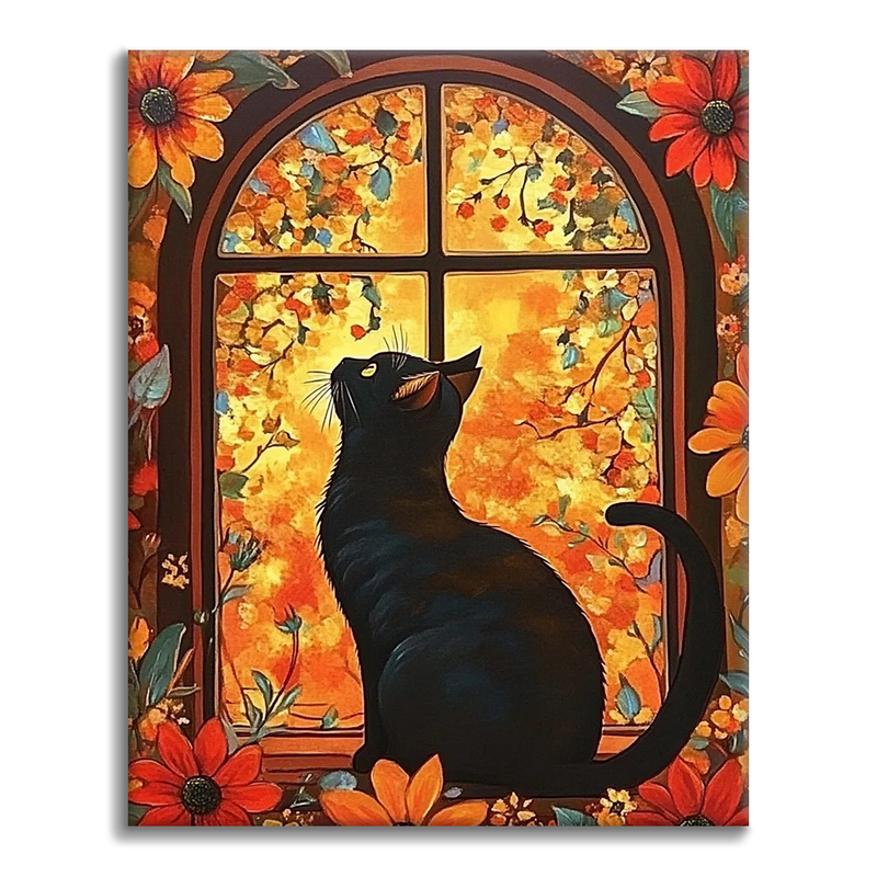 Cat in front of flower window