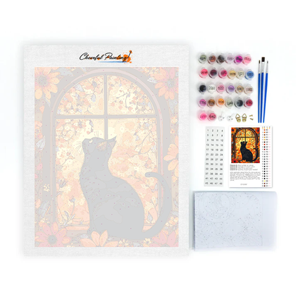Cat in front of flower window - Paint by Numbers