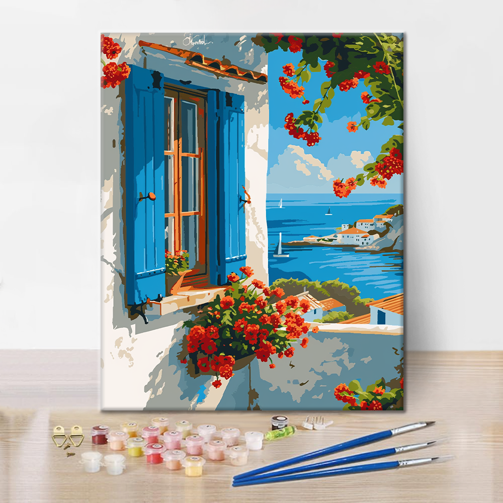 Blue Window Seaside - Paint by Numbers