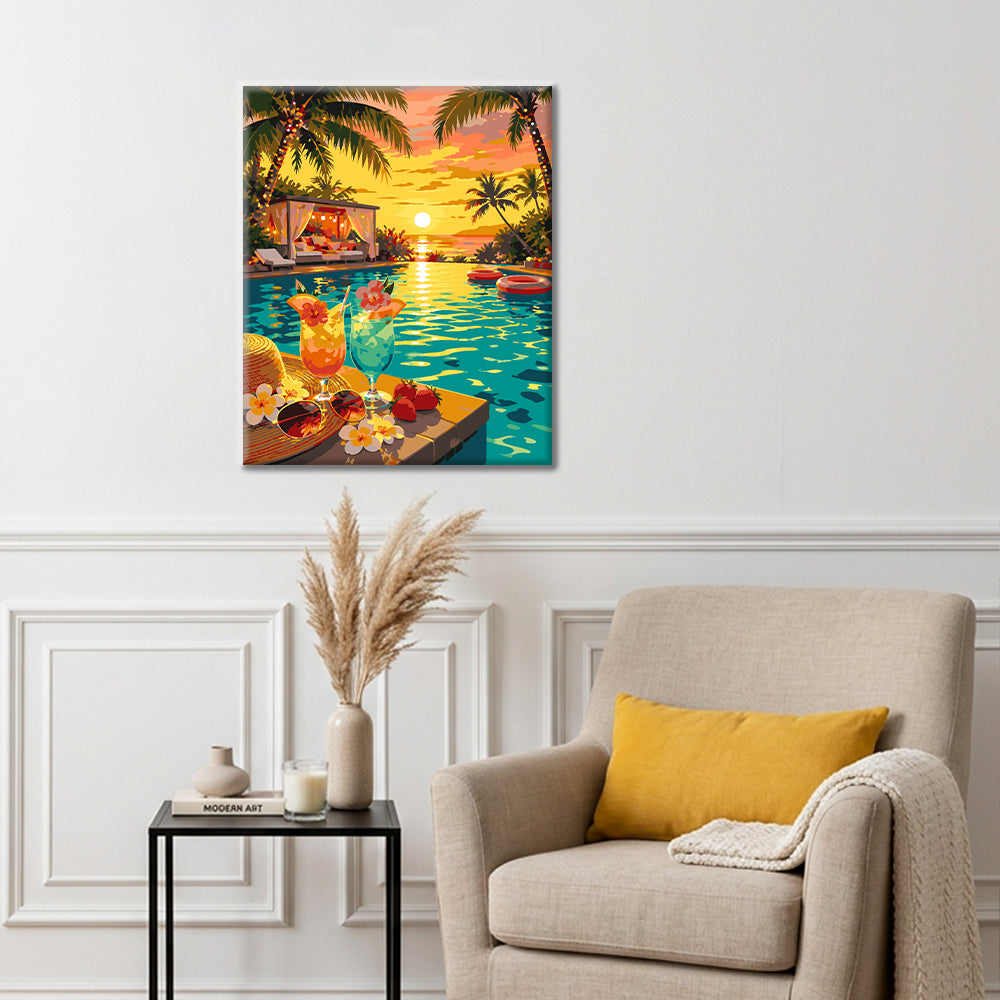 Sunset Poolside Paradise - Paint by Numbers